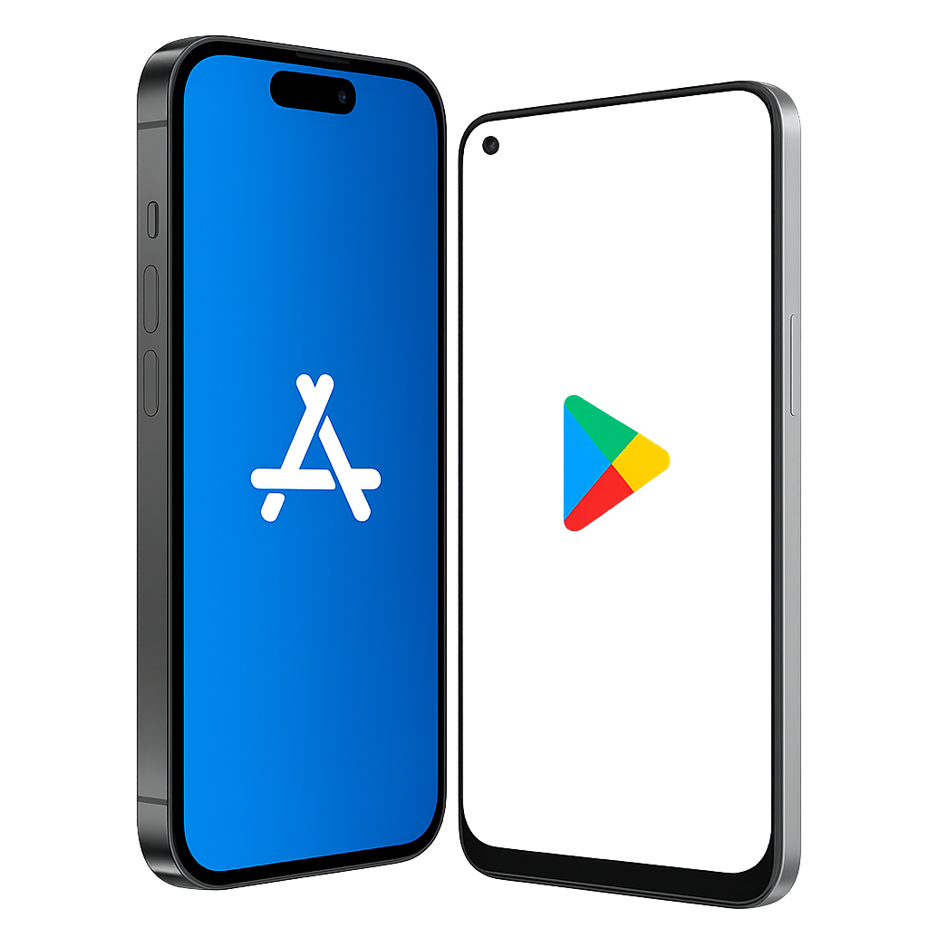 Celulares com logotipos da App Store e Google Play